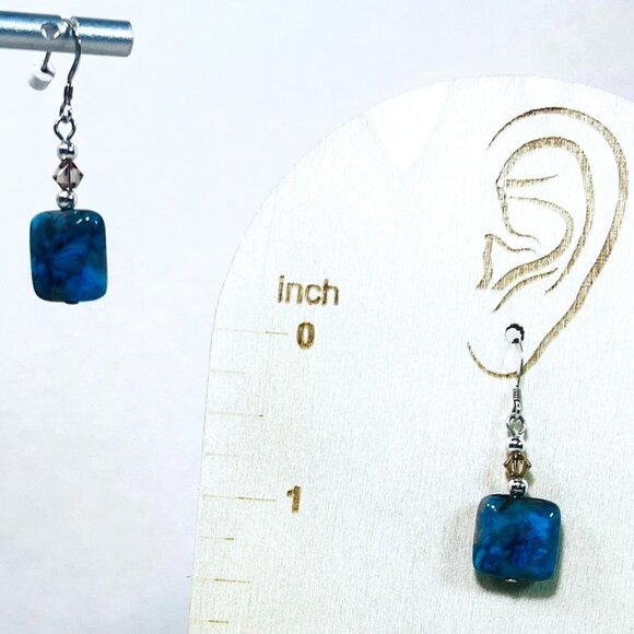 Silver 925 Dangle Earrings OOAK  .5" Sq Blue Brown Jadeite Bead Silver Accents - Picture 5 of 6